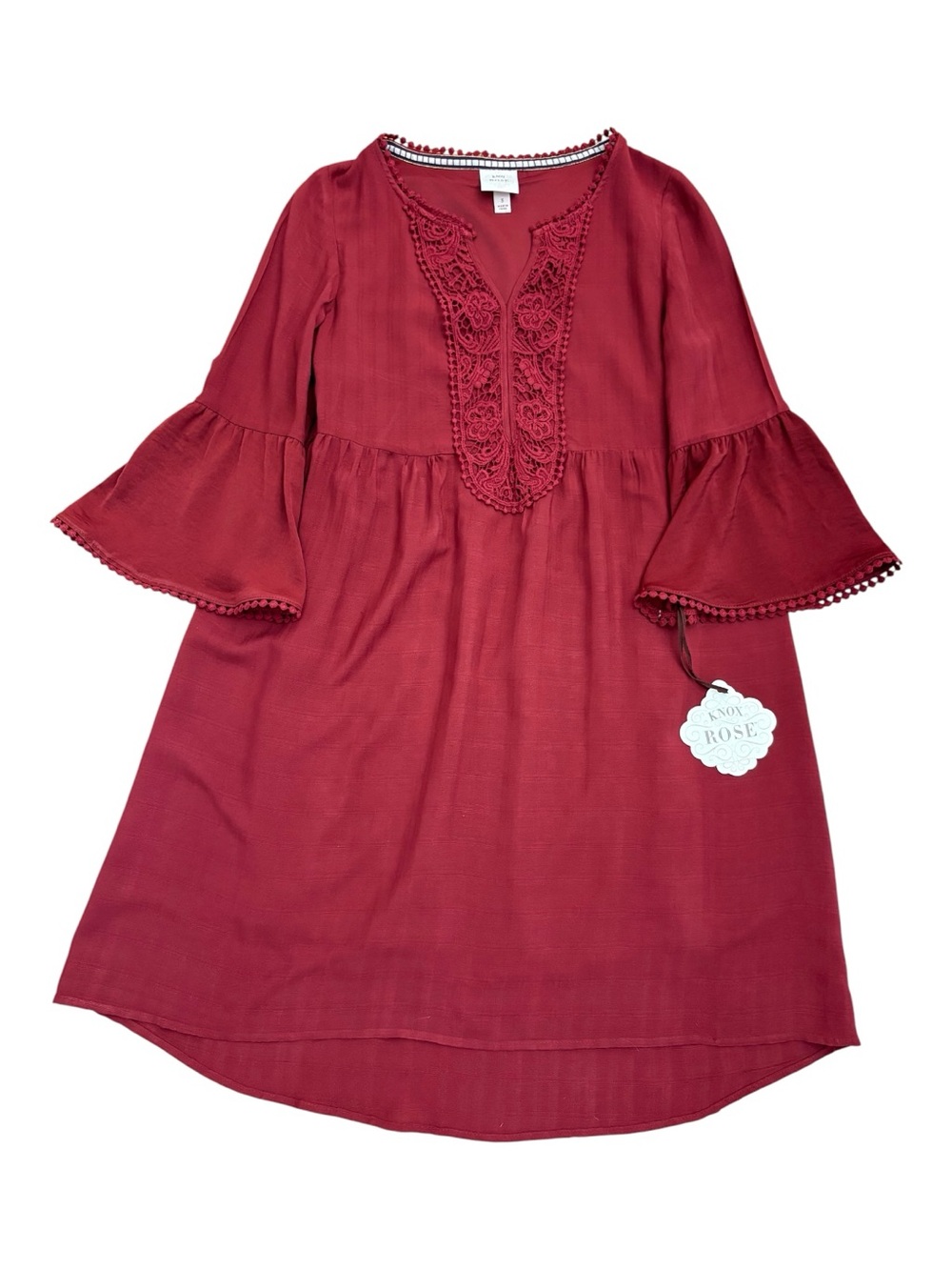 Knox Rose Burgundy Boho Lace Bell Sleeve High Low Dress S - Picture 9 of 10